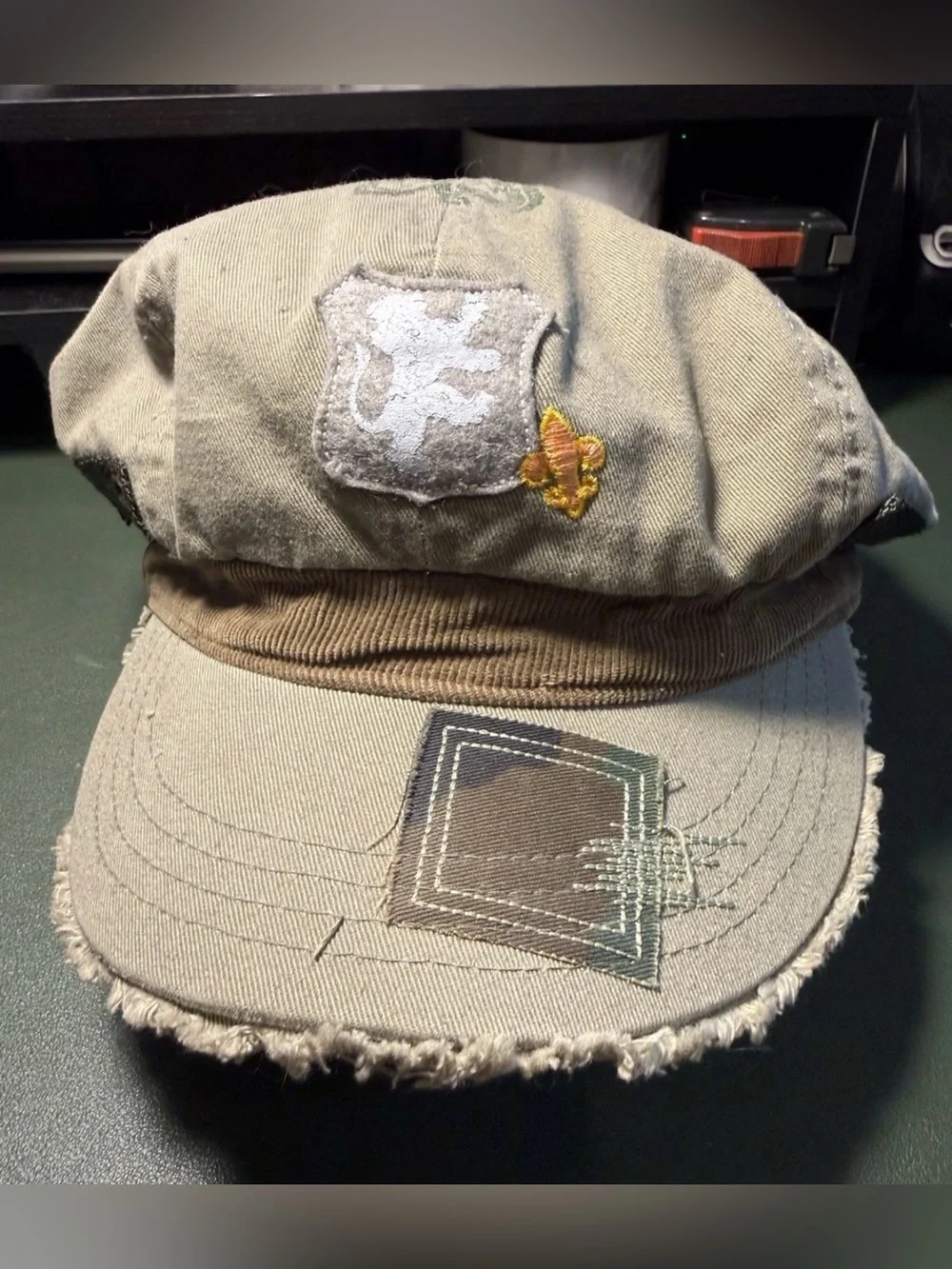 Vintage Distressed Military Cadet Cap Khaki Patchwork Cotton Newsboy Hat Unisex
